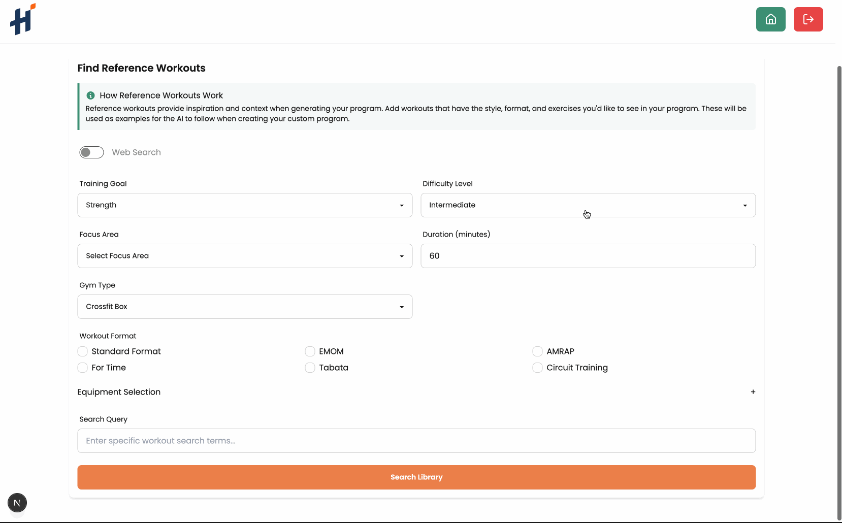 AI-powered workout search showing web results and curated database workouts with intelligent filtering